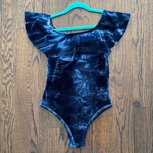 Blue velvet body suit off the shoulder